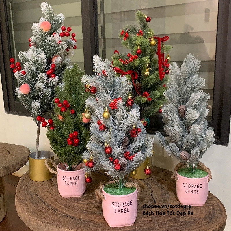 Cây thông mini để bàn lá PE  giống thật gắn nhiều chi tiết đẹp trang trí Noel Giáng Sinh