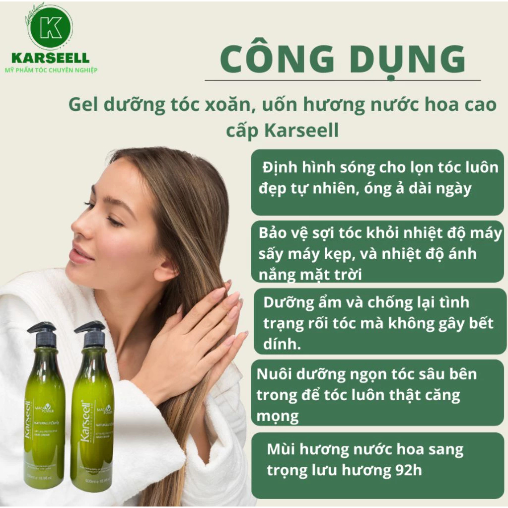 Gel Giữ Nếp Tóc Xoăn Karseell Curly Cream [Chính Hãng] Tạo Kiểu Dưỡng Tóc Uốn Xoăn, Gel Vuốt Tóc Nữ 500ml