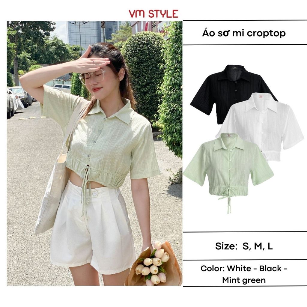 Áo sơ mi nữ croptop VMSTYLE đi biển tay ngắn eo rút dễ phối đồ đi chơi ...