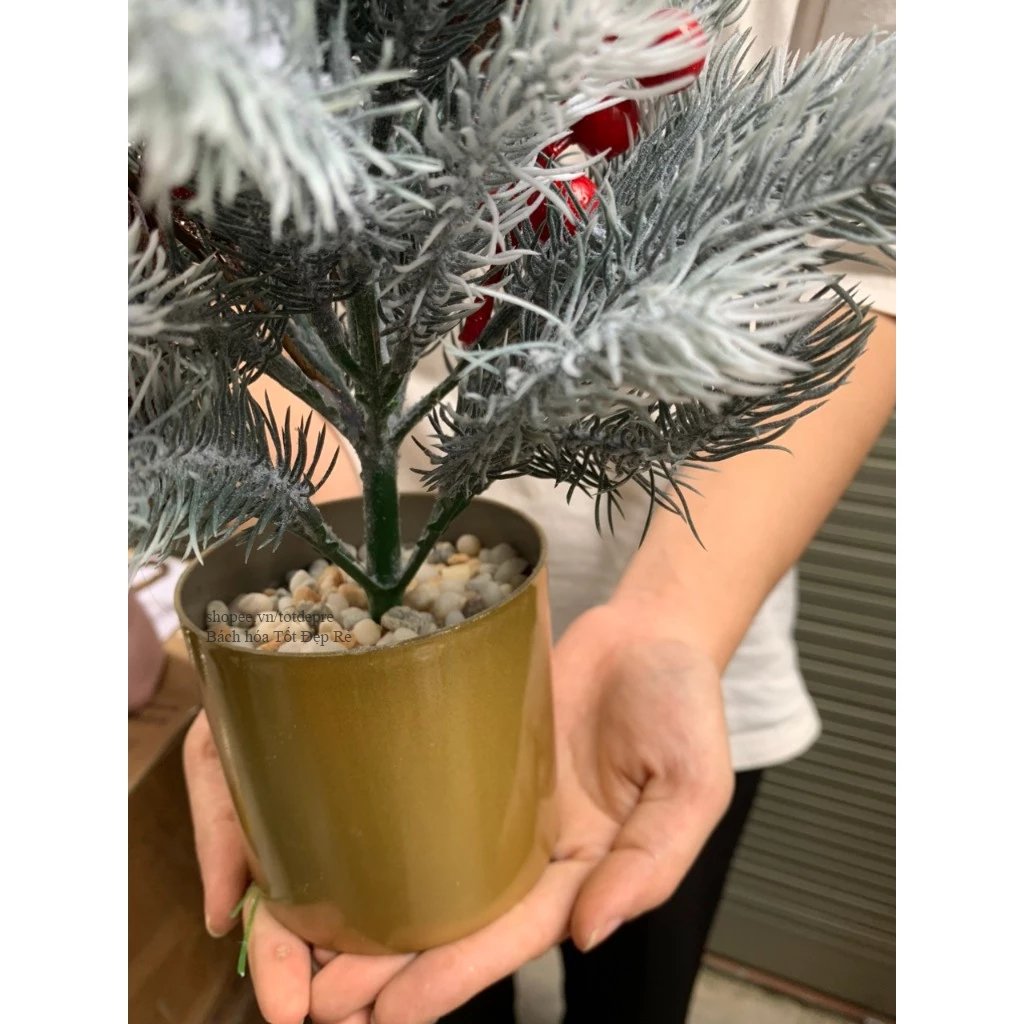 Cây thông mini để bàn lá PE  giống thật gắn nhiều chi tiết đẹp trang trí Noel Giáng Sinh