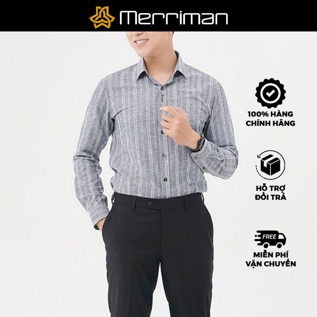 MERRIMAN SALE - Áo Sơ Mi MERRIMAN Tay Dài, Màu Xám - Trắng , Họa Tiết Sọc Dọc, Form Slim Fit Lai Bầu