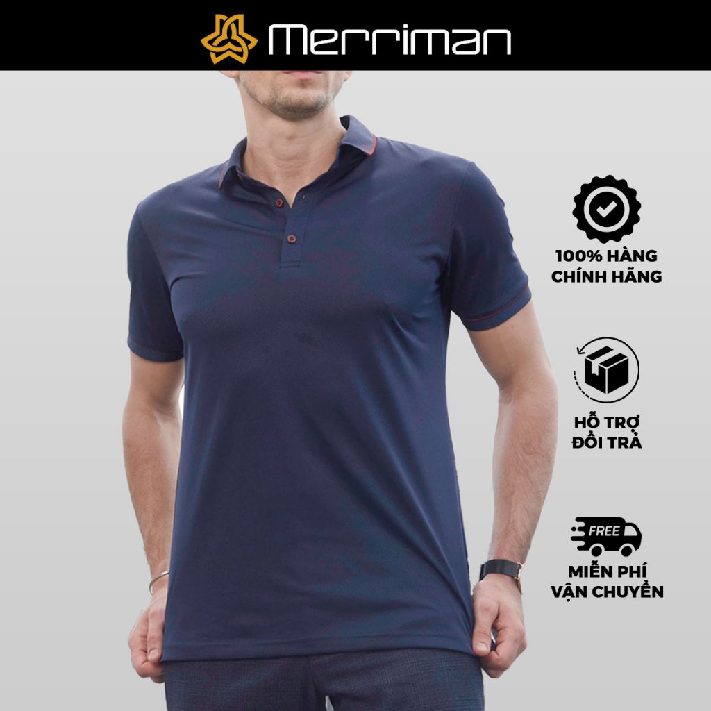 MERRIMAN SALE - Áo Polo Merriman Tay Ngắn, Màu Xanh Navy , Họa Tiết Hoa Văn, Sợi Caffe Kháng Khuẩn