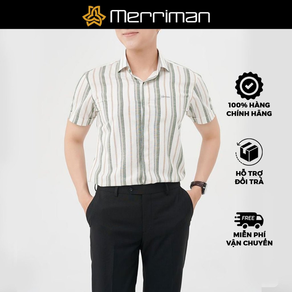 MERRIMAN SALE - Áo Sơ Mi Tay Ngắn, Màu Trắng - Xanh Lá, Họa Tiết Sọc Dọc, Form Slimbody Lai Bầu