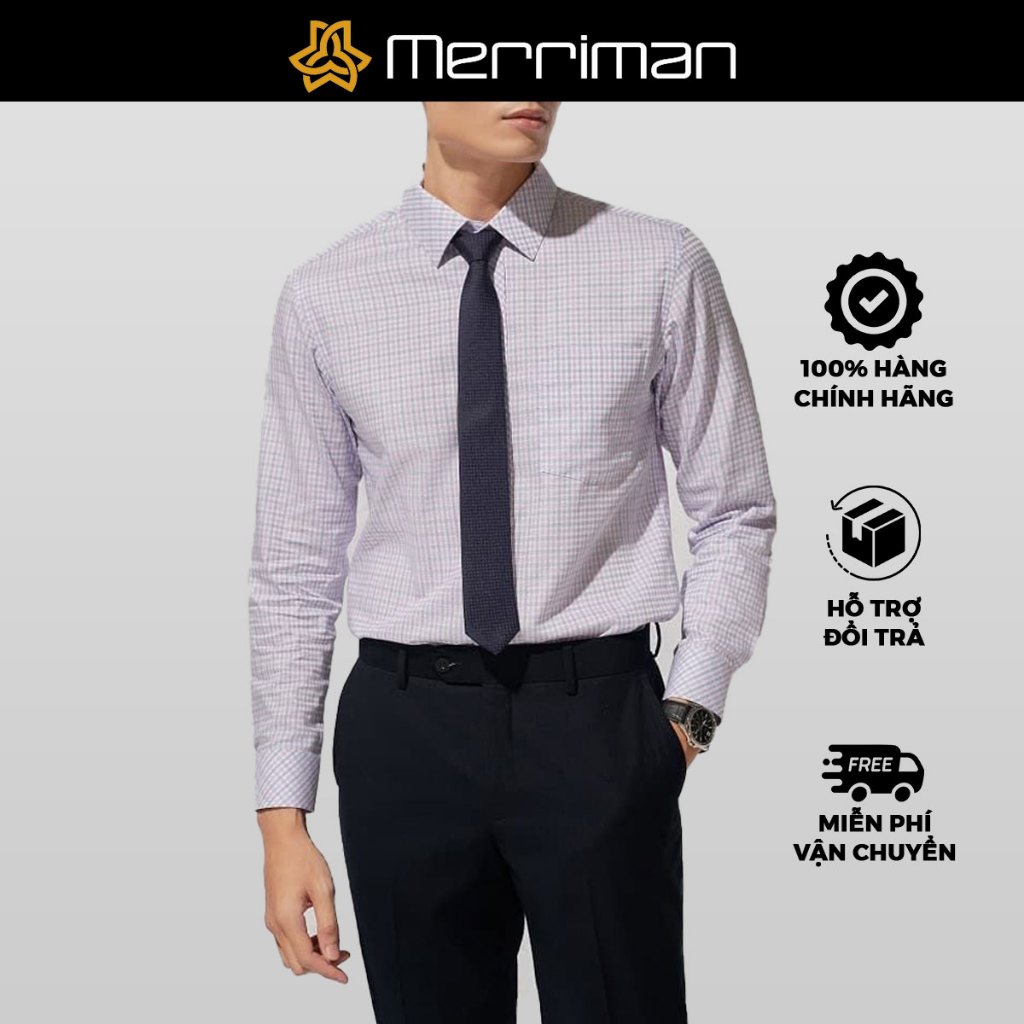MERRIMAN SALE - Áo Sơ Mi MERRIMAN Tay Dài, Màu Tím , Họa Tiết Caro, Form Slim Fit Lai Bầu