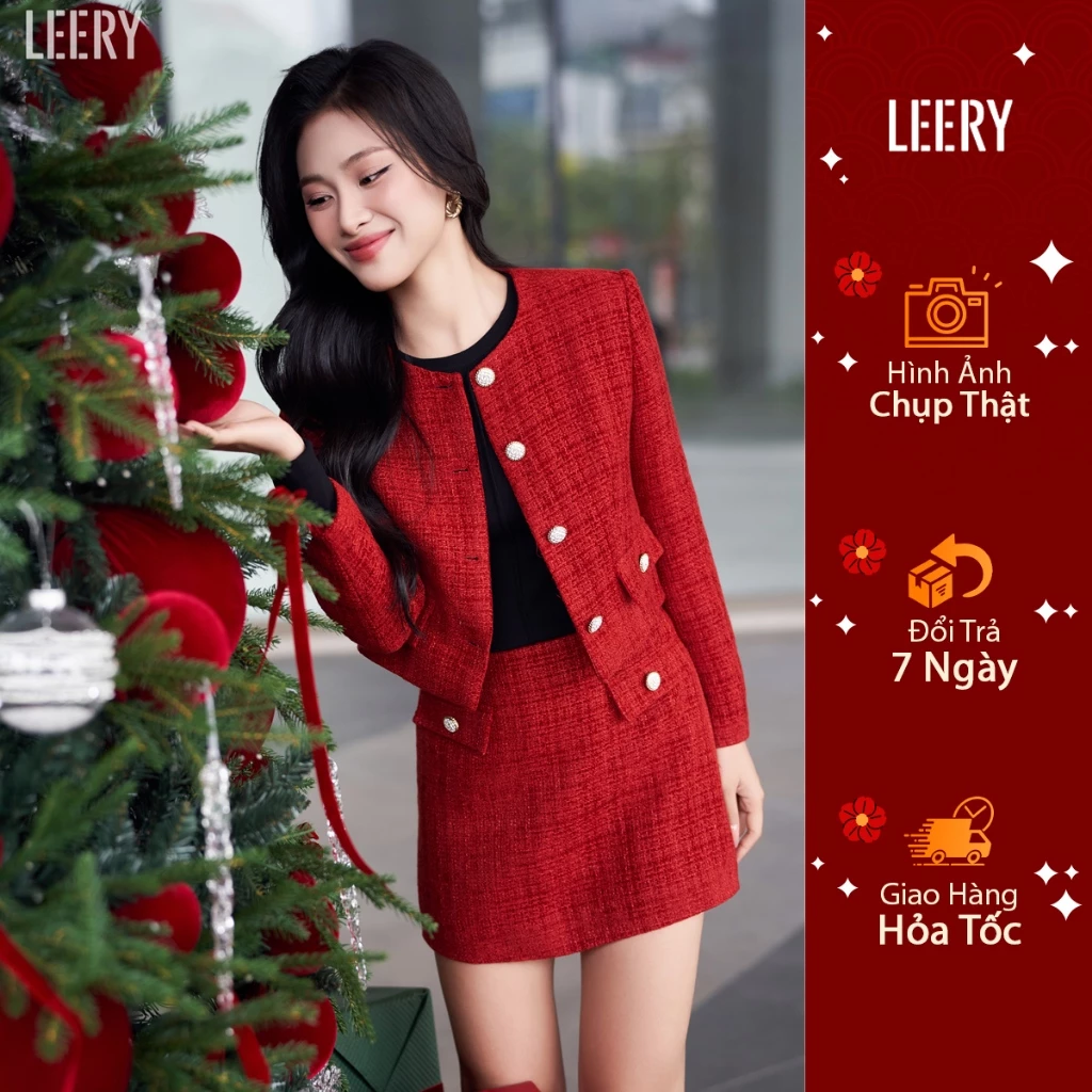 Áo khoác dạ tweed nữ thiết kê KALYN SET màu đỏ đô 2 món công sở sang chảnh by LEERY