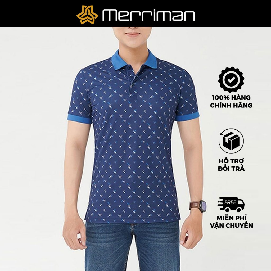 MERRIMAN SALE - Áo Polo Merriman Tay Ngắn, Màu Xanh Dương , Họa Tiết Hoa Văn, Form Basic