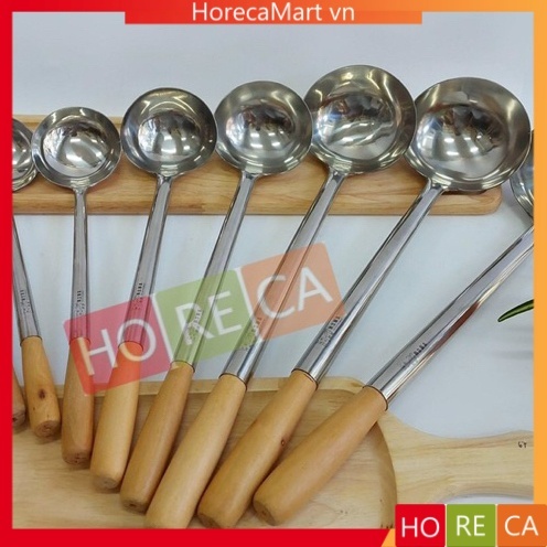 Vá thợ xào inox CÁN GỖ dài 44/50/52 cm - φ12/13/14/15cm, dùng xào mì ...