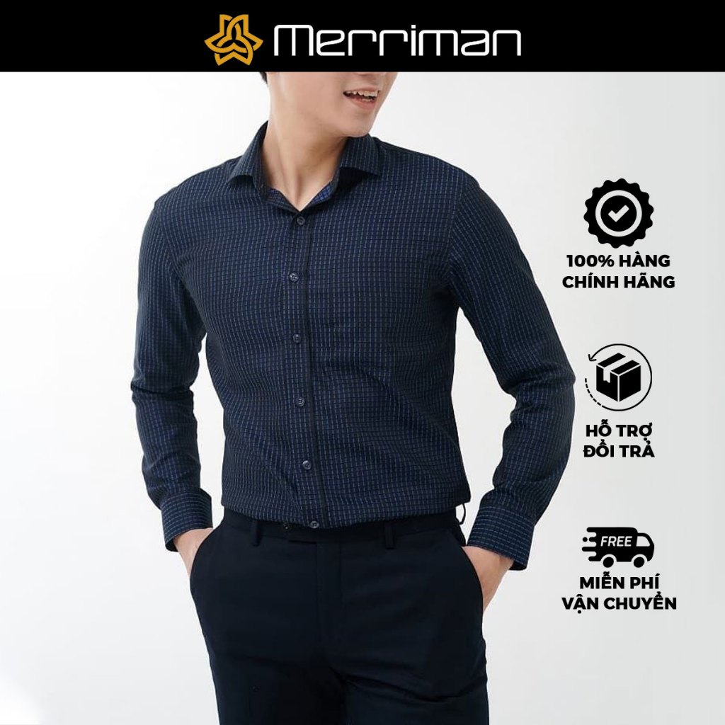MERRIMAN SALE - Áo Sơ Mi MERRIMAN Tay Dài, Màu Xanh Navy , Họa Tiết Caro, Form Slim Fit - Lai Bầu