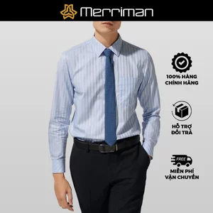 MERRIMAN SALE - Áo Sơ Mi MERRIMAN Tay Dài, Màu Xanh Dương , Họa Tiết Sọc Dọc, Form Slim Fit Lai Bầu