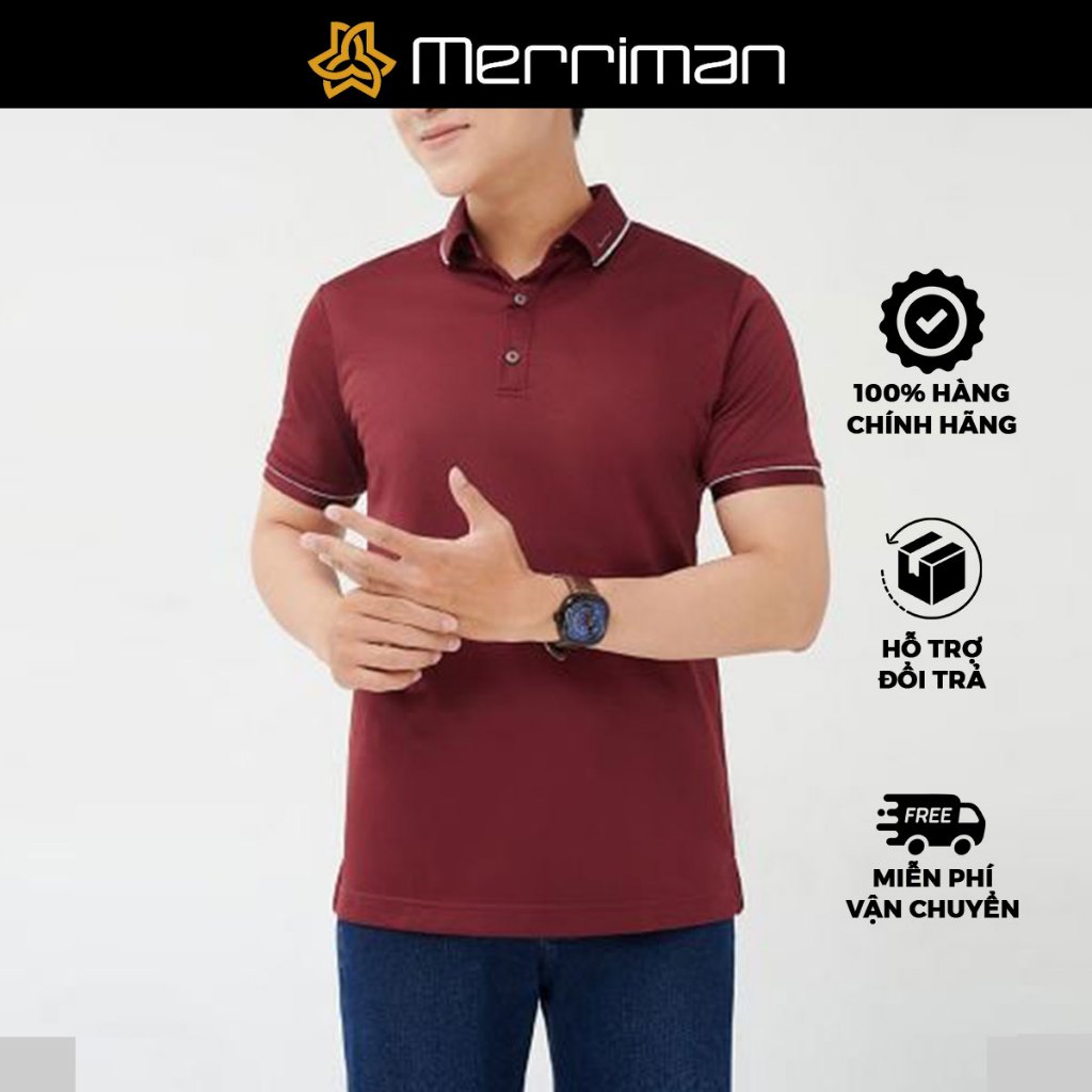MERRIMAN SALE - Áo Polo Merriman Tay Ngắn, Màu Đỏ Đô , Họa Tiết Trơn, Sợi Caffe Kháng Khuẩn