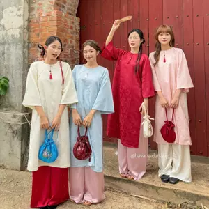Áo dài gấm vân hoa chìm THƯ Ý cổ tròn tay loe kèm quần satin HAVANA AD153