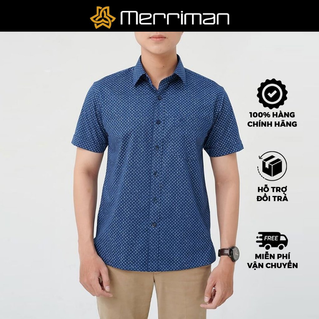 MERRIMAN SALE - Áo Sơ Mi MERRIMAN Tay Ngắn, Màu Xanh Navy , Họa Tiết Chấm, Form Slim Fit Lai Ngang