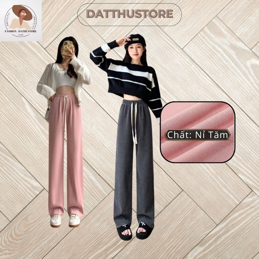 Quần ống rộng nỉ nhung tăm dài ống suông cạp chun lưng cao dây rút chỉnh eo (Datthustore - MS57)