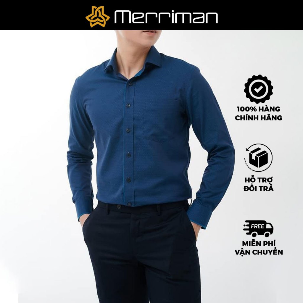 MERRIMAN SALE - Áo Sơ Mi MERRIMAN Tay Dài, Màu Xanh Dương , Họa Tiết Chấm, Form Slim Fit Lai Bầu