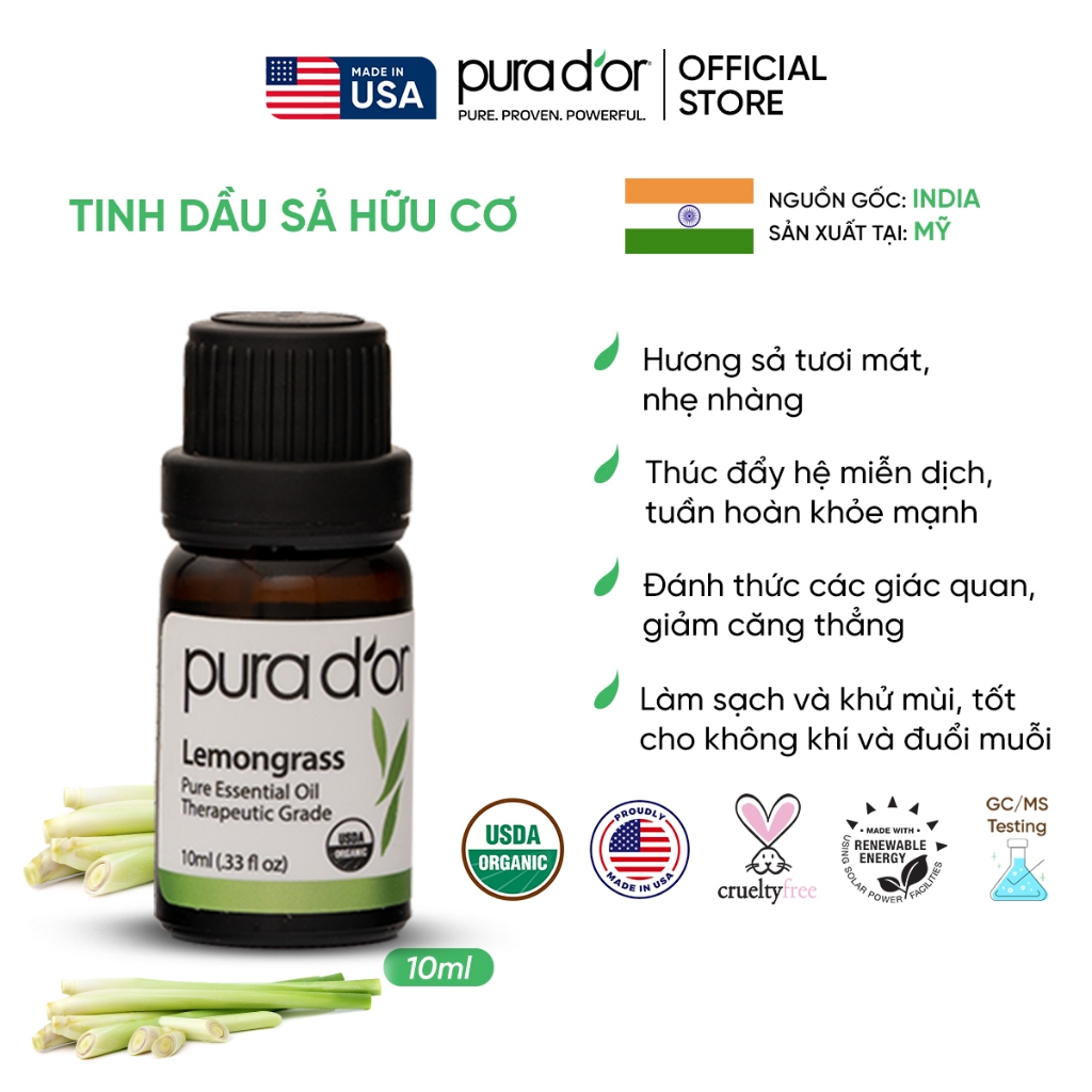 Ảnh Tinh dầu Sả Chanh hữu cơ nguyên chất PURA D’OR Therapeutic Grade Lemongrass Essential Oil 10ml 1