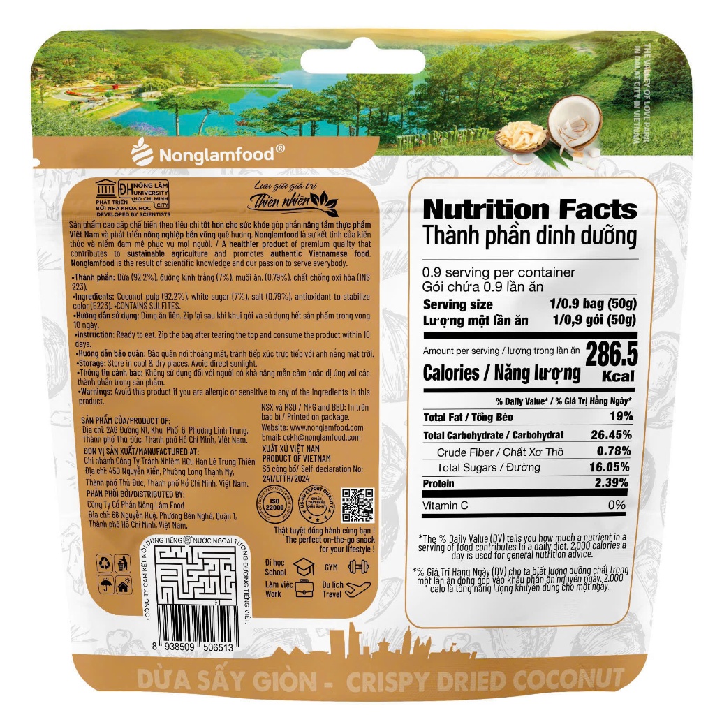 Dừa Sấy Giòn Nông Lâm Food snack healthy  túi 45g