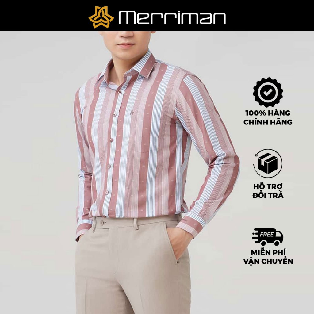 MERRIMAN SALE - Áo Sơ Mi MERRIMAN Tay Dài, Màu Clay , Họa Tiết Sọc Dọc, Form Slim Fit Lai Ngang