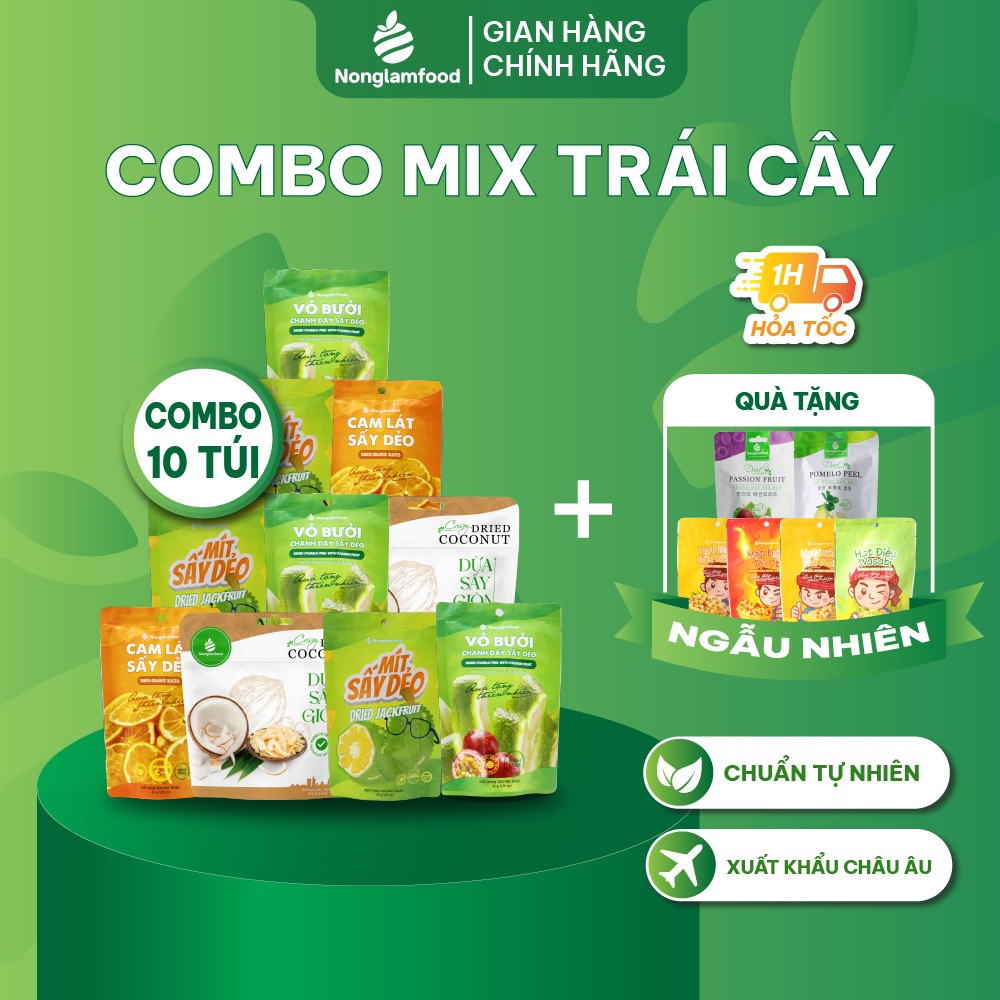 [10 Túi Tặng 2] Combo 10 túi Trái cây sấy Nonglamfood (Cam lát, Mít, Bưởi chanh dây, Dừa giòn)
