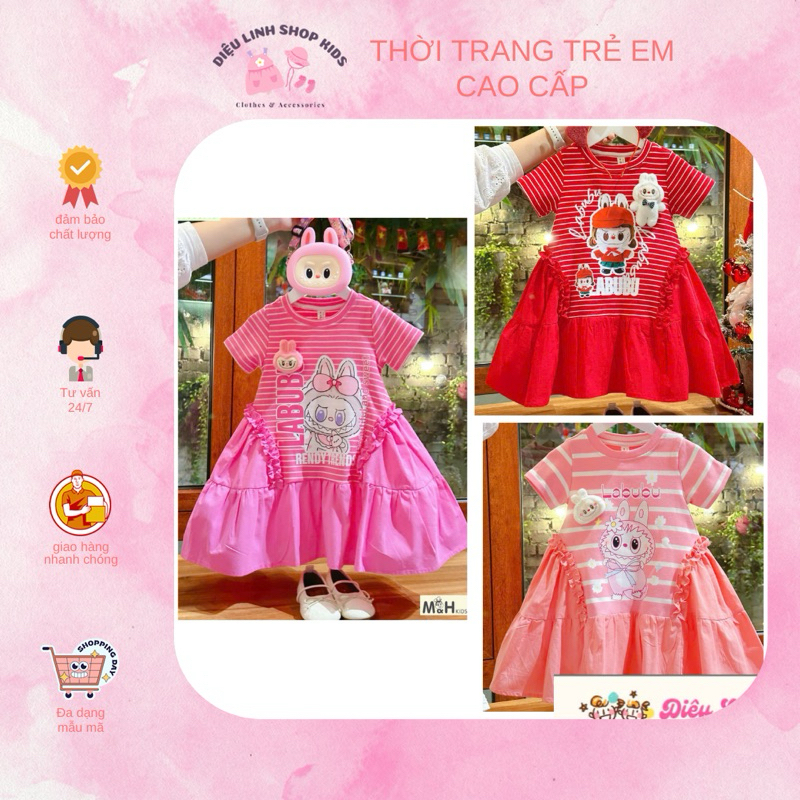 Váy bé gái kẻ cotton dáng A in hình 3D DL52 size 8/36kg  - Váy Cho Bé Diệu Linh Shop Kids diện đi học đi chơi