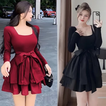 Đầm Váy Nữ Tay Dài Bigsize 40-95kg Thun Tăm Phối Váy Tầng Lụa Cột Nơ Mã DV003 Dress Women Váy Tiệc,Tết