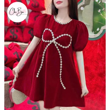 Set đầm nhung - Đầm nhung màu đỏ cực xinh cho nàng đi chơi, đầm babydoll xòe tay bồng kèm phụ kiện chú gấu to dễ thương
