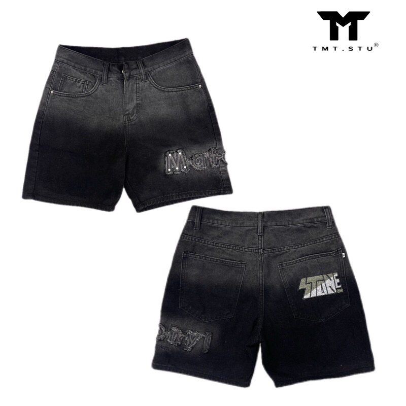 QUẦN SHORT JEANS THÊU CHỮ “Matonyl&Ztone2000” UNISEX NAM NỮ - FORM TRÊN GỐI, TONE ĐEN&KHÓI. Có Túi Menswear | TMTD25