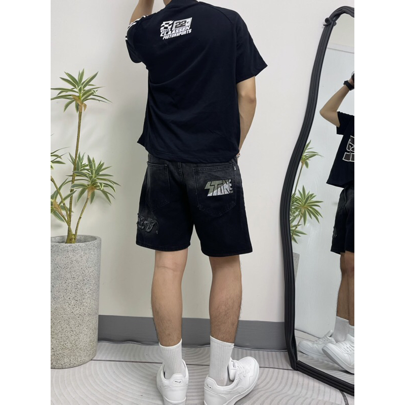 QUẦN SHORT JEANS THÊU CHỮ “Matonyl&Ztone2000” UNISEX NAM NỮ - FORM TRÊN GỐI, TONE ĐEN&KHÓI. Có Túi Menswear | TMTD25