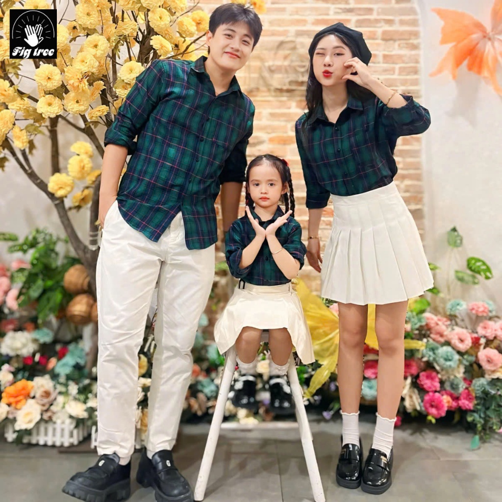Set Áo Sơ Mi Đồng Phục Gia Đình Fig Tree Sọc Caro Xanh Noel MS 190