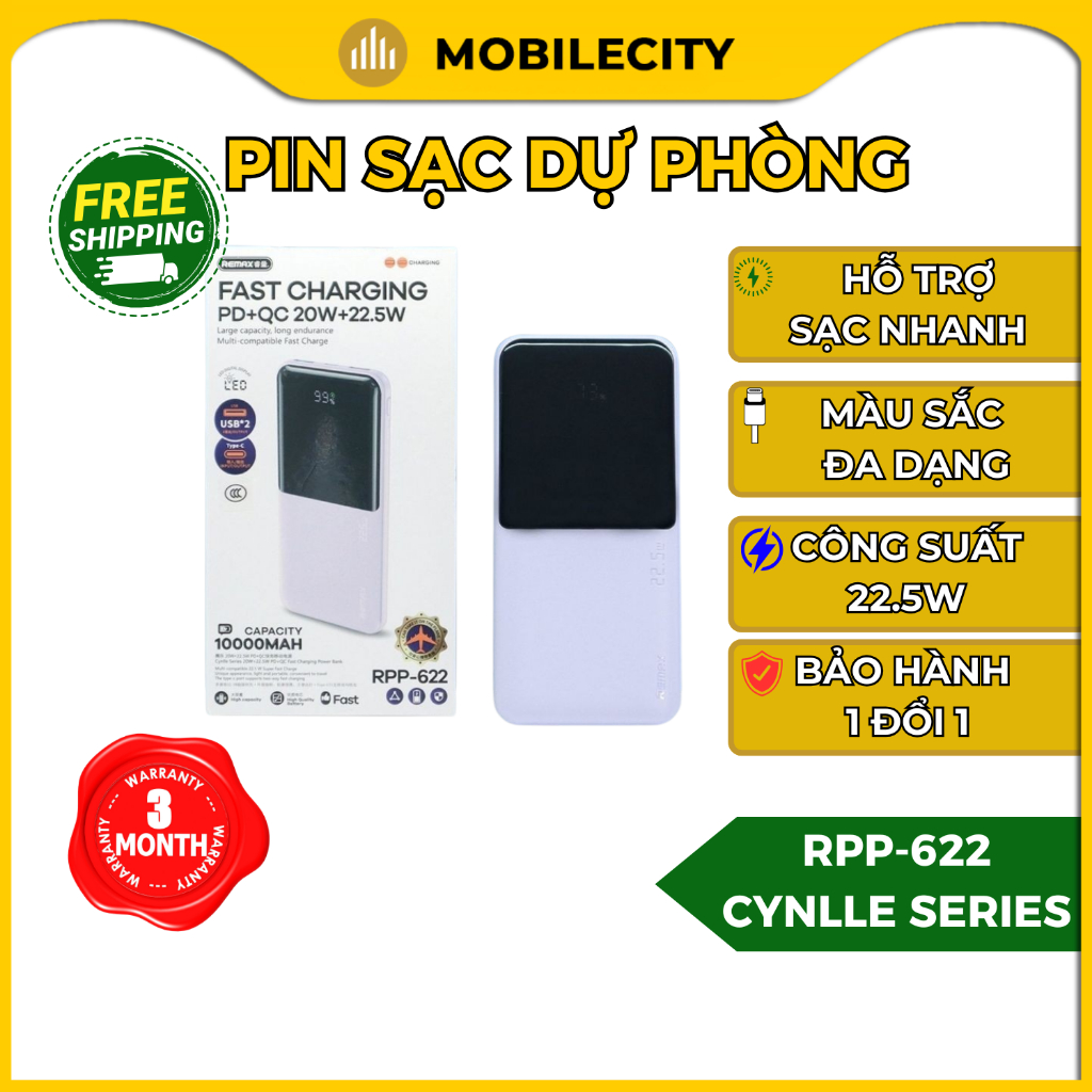 Pin dự phòng siêu mỏng RPP-622 Cynlle Series 10000mAh hỗ trợ 3 thiết bị ...