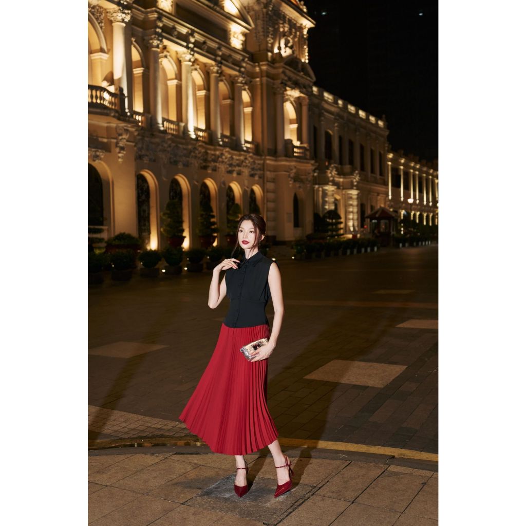Vella Fashion set áo peplum tay dơi cổ sơ mi phối chân váy midi dập ly VA24116 VV24127