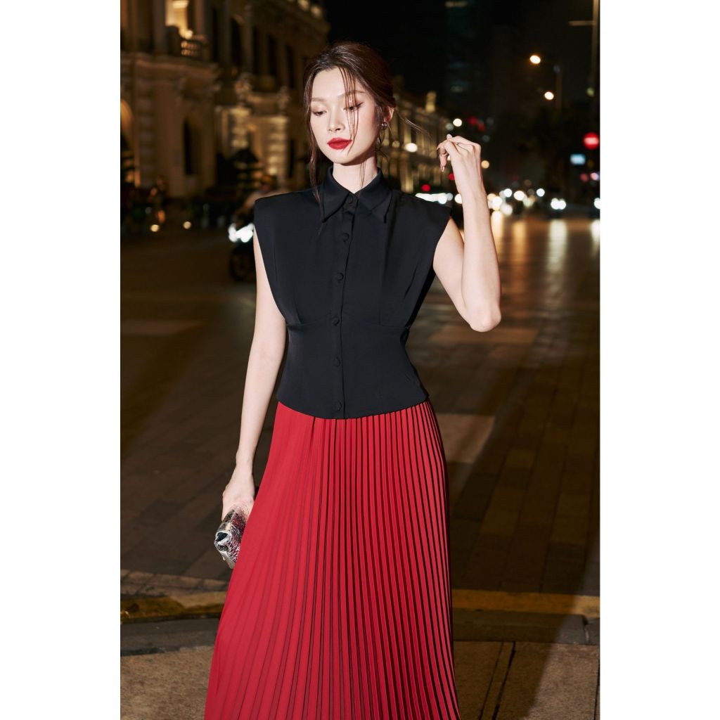 Vella Fashion set áo peplum tay dơi cổ sơ mi phối chân váy midi dập ly VA24116 VV24127