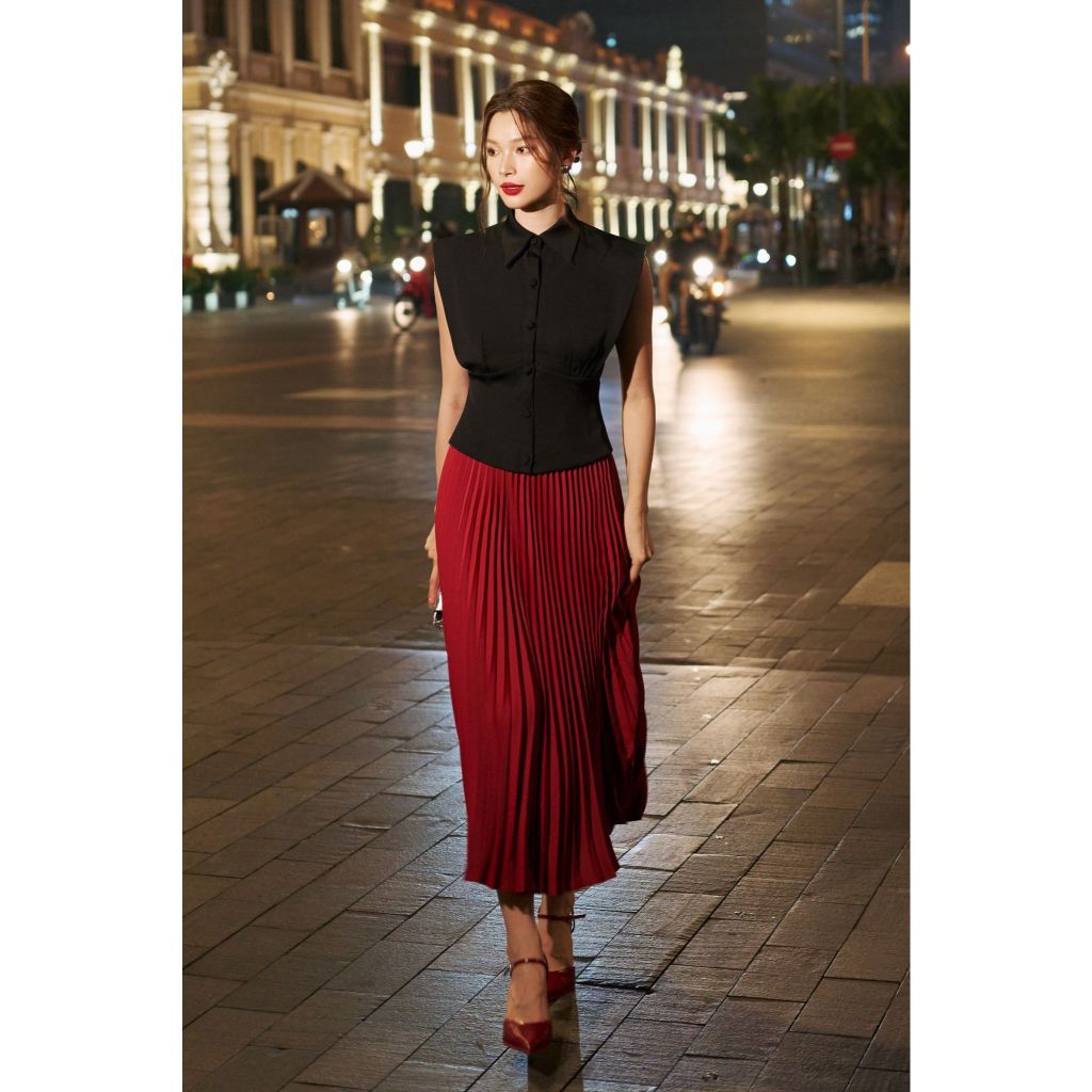 Vella Fashion set áo peplum tay dơi cổ sơ mi phối chân váy midi dập ly VA24116 VV24127