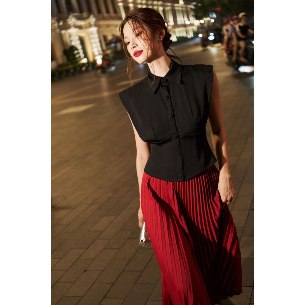 Vella Fashion set áo peplum tay dơi cổ sơ mi phối chân váy midi dập ly VA24116 VV24127