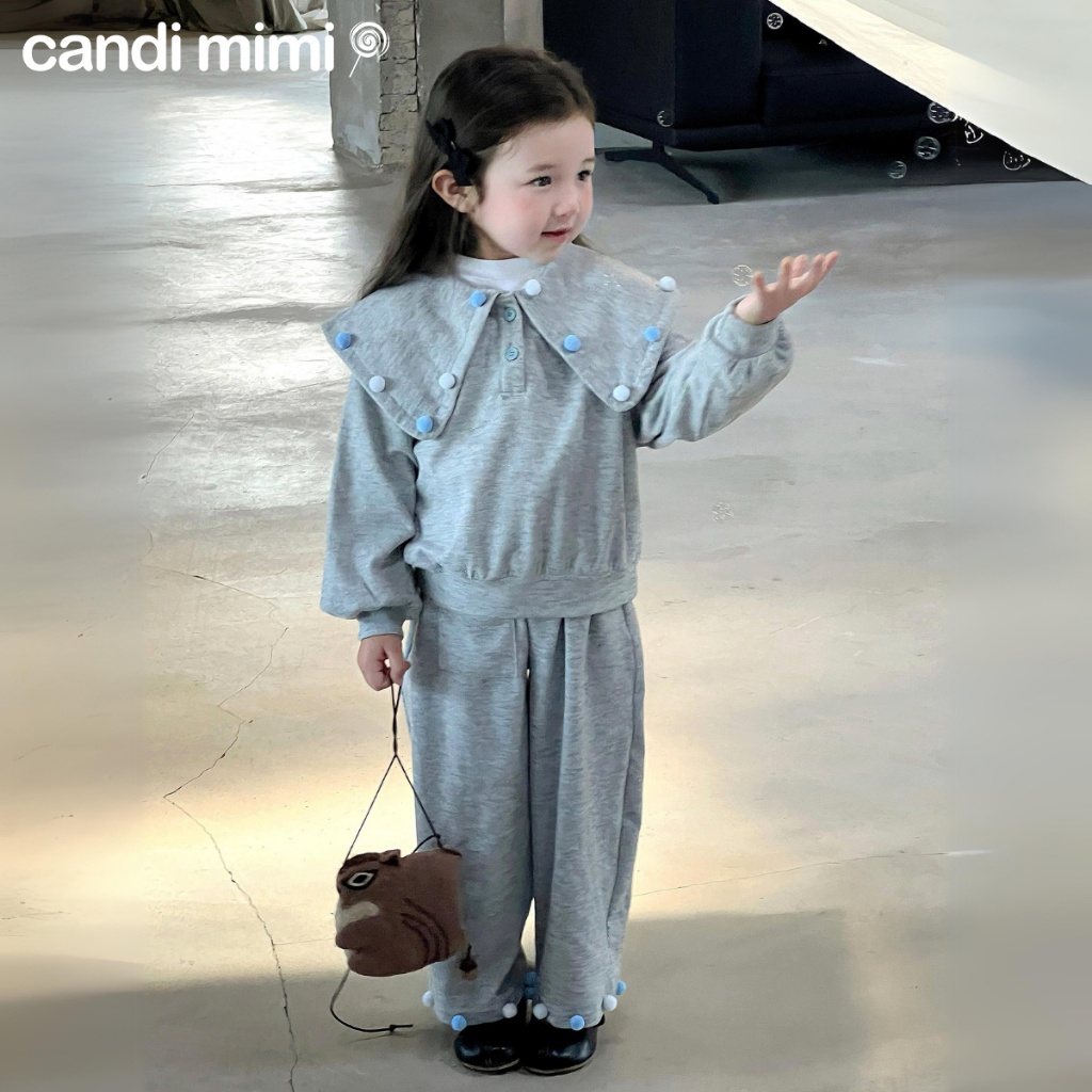CANDIMIMI Set quần áo dài tay màu xám - Phong cách Hàn Quốc