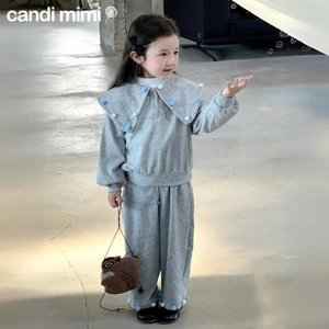 CANDIMIMI Set quần áo dài tay màu xám - Phong cách Hàn Quốc