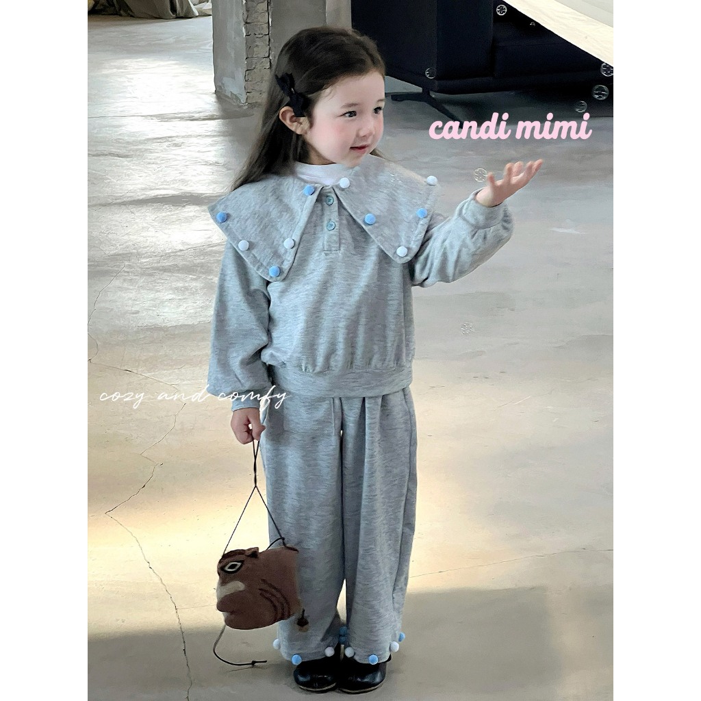 CANDIMIMI Set quần áo dài tay màu xám - Phong cách Hàn Quốc