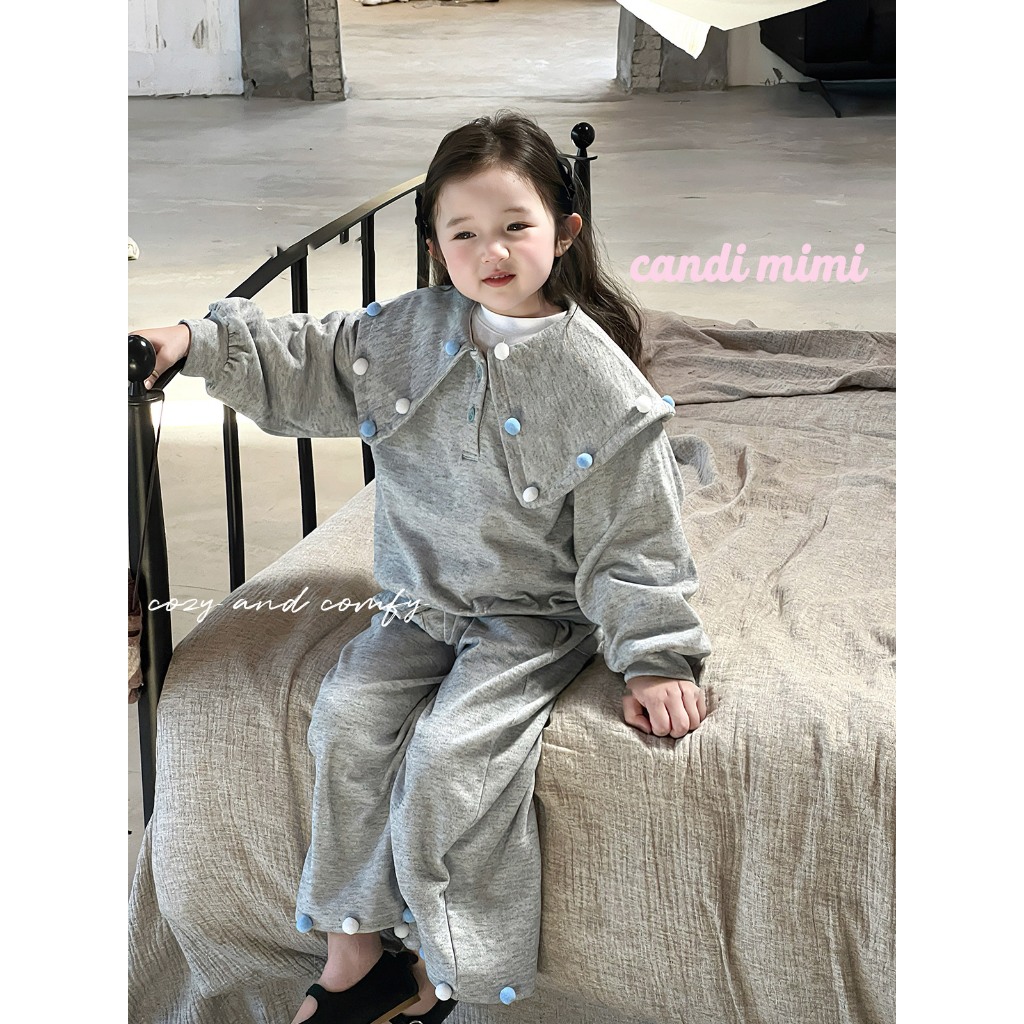 CANDIMIMI Set quần áo dài tay màu xám - Phong cách Hàn Quốc