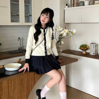 Áo khoác len cardigan lông thỏ mịn phối màu tay kẻ sọc dáng cổ tròn form vừa kiểu dáng basic hàn quốc DELIZ