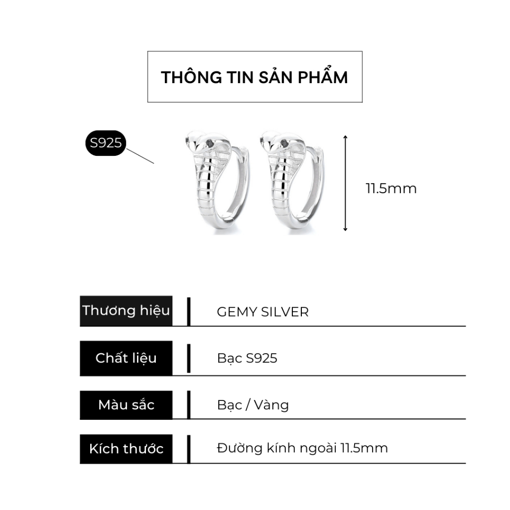 Khuyên tai tròn nam bạc 925 Snake 2 thiết kế hình rắn màu bạc, vàng cực chất (1 chiếc) KN142| GEMY SILVER