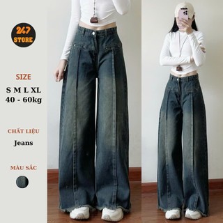 Quần Jean Ống Rộng Cạp Cao 247Store Dáng Dài Ôm Eo Màu Đậm Vintage Đi Học Đi Làm