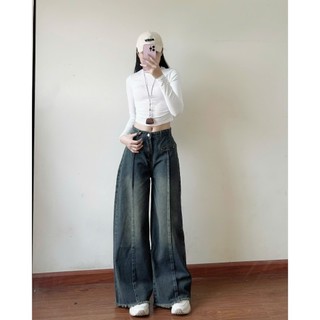 Quần Jean Ống Rộng Cạp Cao 247Store Dáng Dài Ôm Eo Màu Đậm Vintage Đi Học Đi Làm