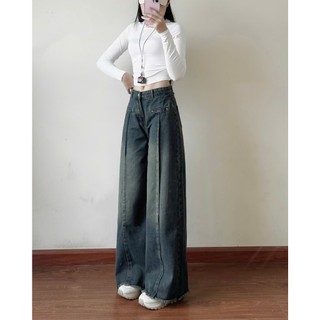 Quần Jean Ống Rộng Cạp Cao 247Store Dáng Dài Ôm Eo Màu Đậm Vintage Đi Học Đi Làm