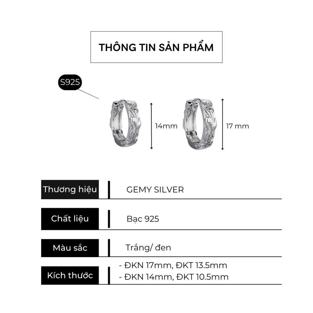 Khuyên tai nam tròn bạc 925 tì hưu 2 chạm khắc cực ngầu unisex  (1 chiếc) | GEMY SILVER KN98