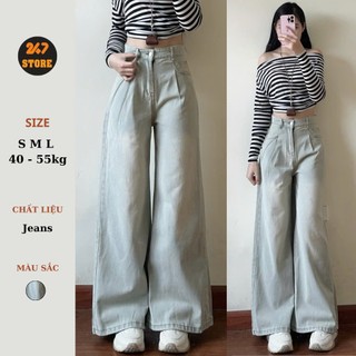 [Ảnh thật] Quần jeans xuông xếp ly màu xanh nhạt dáng dài 247store