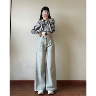 [Ảnh thật] Quần jeans xuông xếp ly màu xanh nhạt dáng dài 247store