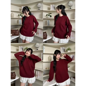 Áo len dài tay màu đỏ burgundy dáng rộng ống tay suông rộng rãi kiểu dáng basic pastel hàn quốc DELIZ AL61
