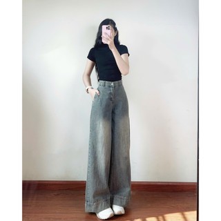 Quần jeans nữ ống suông ống rộng 247store lưng cao tôn dáng màu xanh retro đi học đi làm đi chơi Back to School