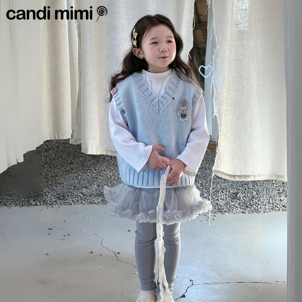 CANDIMIMI Áo gile len cổ tim đính hình ngộ nghĩnh - Phong cách Hàn Quốc