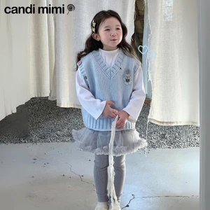 CANDIMIMI Áo gile len cổ tim đính hình ngộ nghĩnh - Phong cách Hàn Quốc