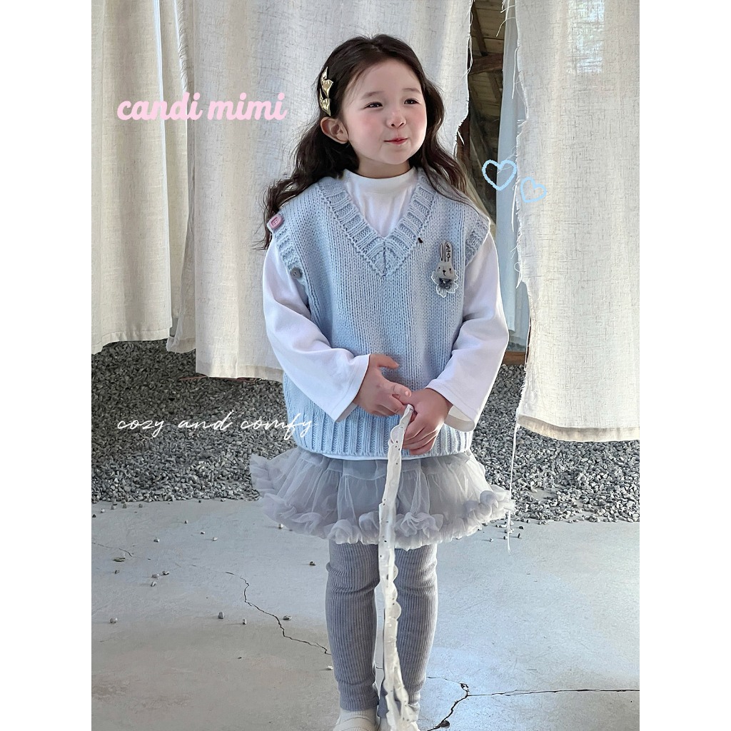 CANDIMIMI Áo gile len cổ tim đính hình ngộ nghĩnh - Phong cách Hàn Quốc